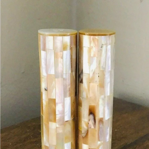 Vintage mother of pearl salt & pepper shaker set,intricate crafted mosaic jewels